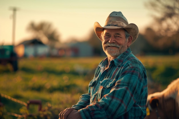 Foto a farmer sitting and smiling on blurred farm background