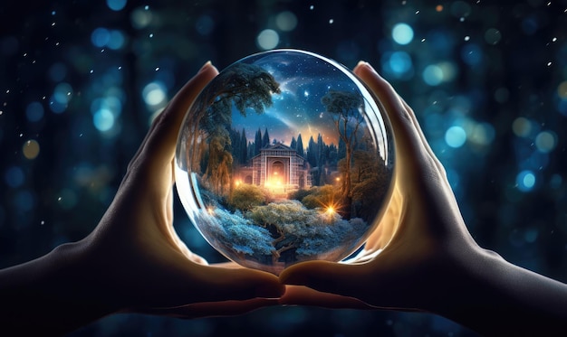 A fascinante bola de cristal revela uma paisagem de sonho vívida dentro de suas profundezas místicas.
