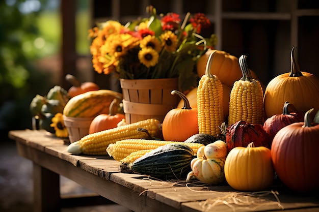 A fazenda rústica harvest bounty está repleta de produtos coloridos como abóboras, cabaças, milho e