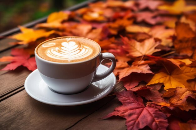 A felicidade do outono Uma tranquila xícara de latte entre coloridas folhas de bordo