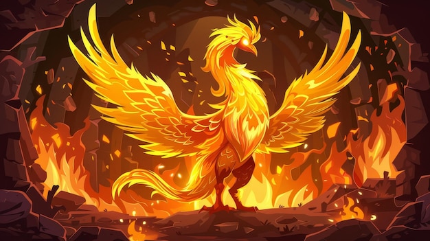 Foto a fênix é um pássaro de fogo mítico encontrado em cavernas subterrâneas com chamas ardentes é um símbolo de imortalidade e renascimento das cinzas
