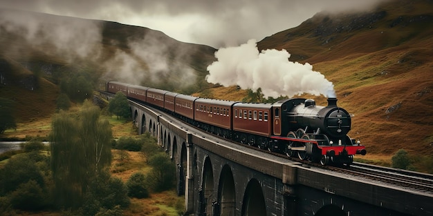 A ferrovia de trem expresso retrô AI Generative Vintage gera uma bela paisagem na arte gráfica da ponte