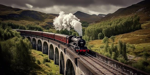 A ferrovia de trem expresso retrô AI Generative Vintage gera uma bela paisagem na ponte