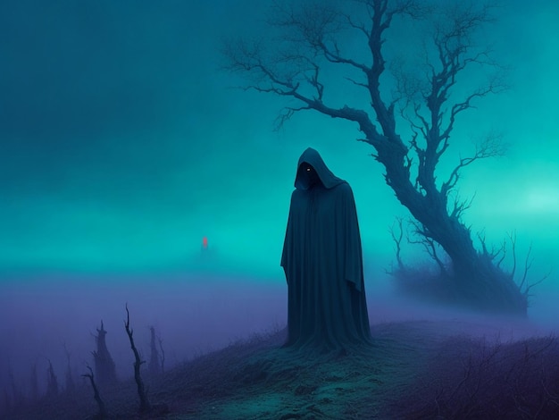 A figura de capuz escuro, a névoa, a paisagem desolada, as árvores mortas, a foto de horror.