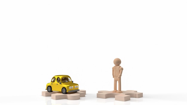 A figura de madeira do homem e o brinquedo do carro no quebra-cabeça para o carro ou o transporte de conteúdo renderização em 3D