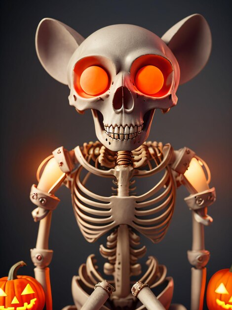 A figura de um esqueleto em uma decoração de Halloween cercada de abóboras