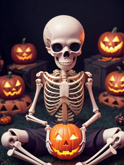 A figura de um esqueleto em uma decoração de Halloween cercada de abóboras