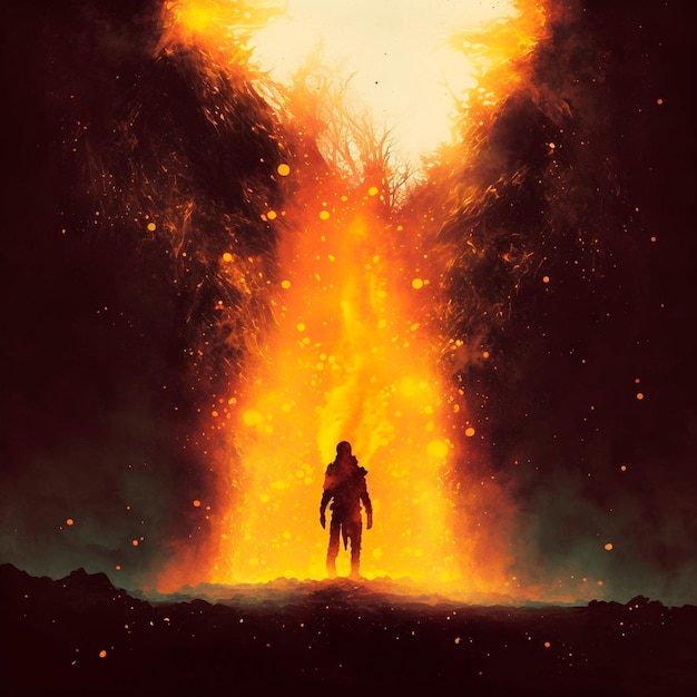 A figura de um homem no fundo de uma chama