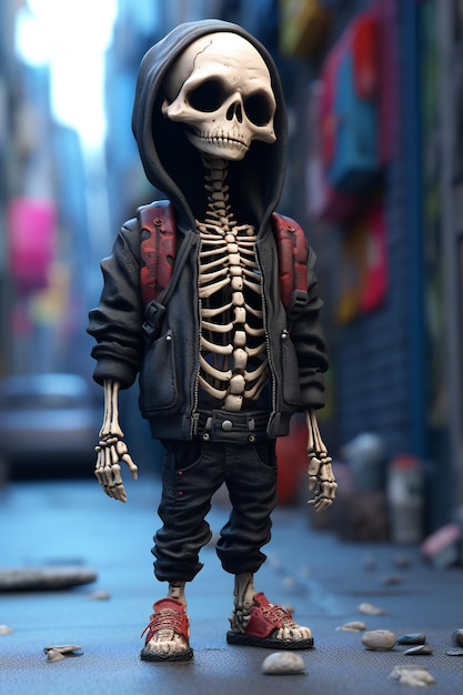 A figura de um homem vestido de esqueleto na rua