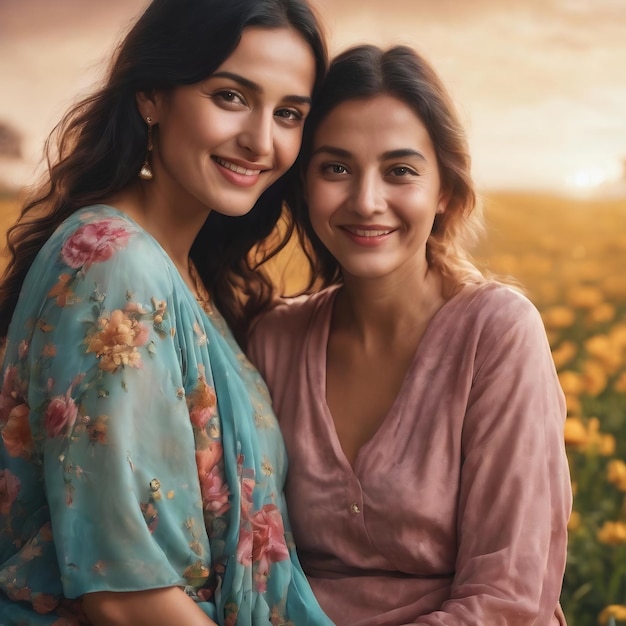 A filha e a mãe são felizes juntas.