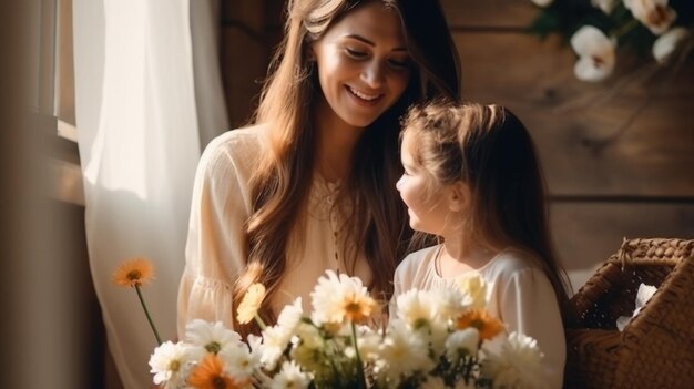 a filha parabeniza a mãe e lhe dá uma cesta com flores da primavera