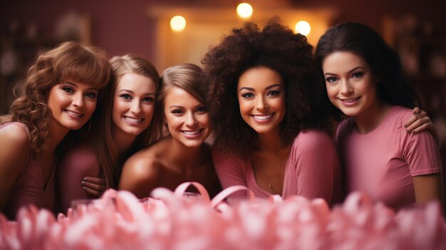 Foto a fita cor-de-rosa simboliza um grupo de mulheres diversas unidas, esperança e apoio.