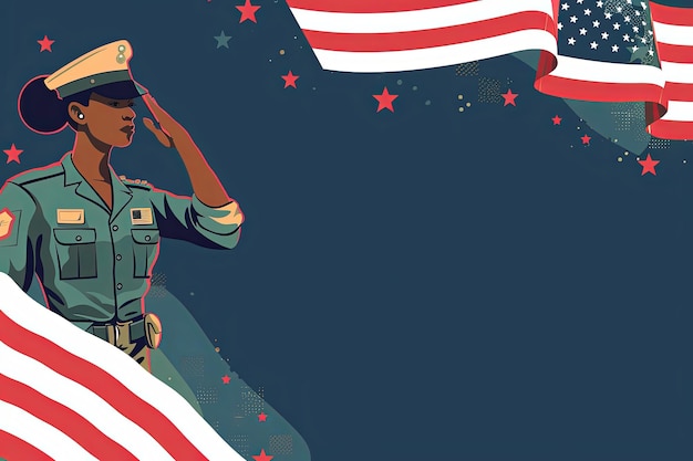 Foto a flat design of a female african american soldier in uniform saluting at us flag