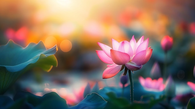 A flor de lótus ergue-se em altura as suas pétalas brilham com a luz quente do sol a pôr sobre uma lagoa serena