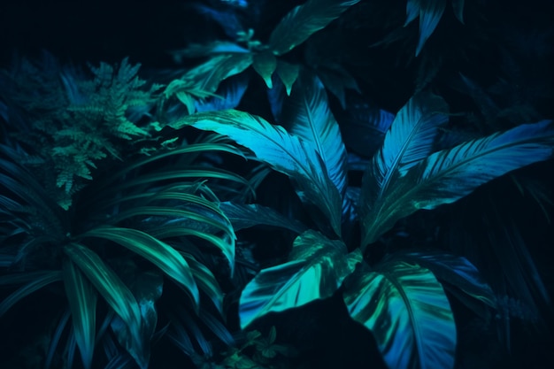 A floresta de folhas tropicais brilha no fundo escuro com espaço para cópia Conceito de alto contraste