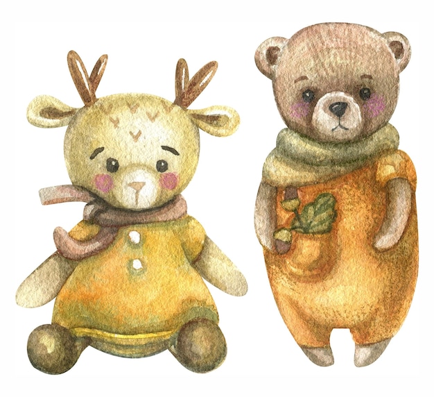 A floresta é um animal fofo - um urso de macacão e um veado de vestido, pintado em aquarela