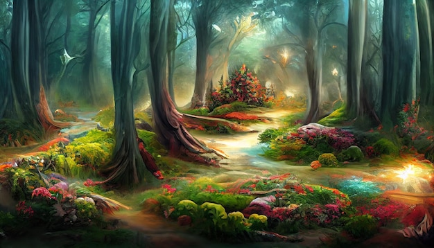 Foto a floresta encantada da paisagem natural mágica e o fundo do fluxo do rio, floresta de conto de fadas
