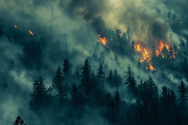 A floresta está a arder. O fogo está a destruir as árvores e o fumo está a encher o céu.