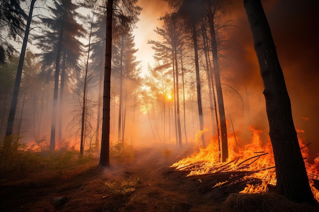 A floresta está em chamas enquanto as árvores queimam e a fumaça sobe para o céu O fogo continua ameaçando consumir toda a floresta Generative AI