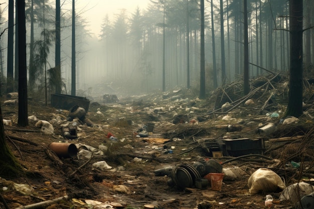 A floresta está repleta de uma quantidade significativa de lixo Isso exemplifica a ideia dos humanos poluindo