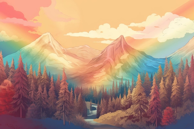 A floresta perto das montanhas ao nascer do sol nas cores do arco-íris natureza fantástica generativa ai