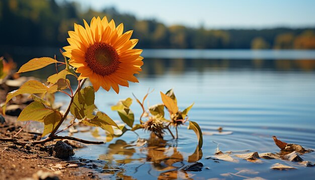 A folha amarela reflete a tranquilidade da lagoa, a beleza do outono na natureza gerada pela IA.