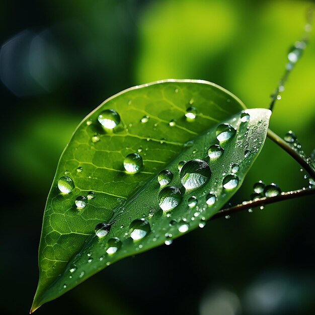 A folha fresca reflete o verde vibrante no orvalho da manhã