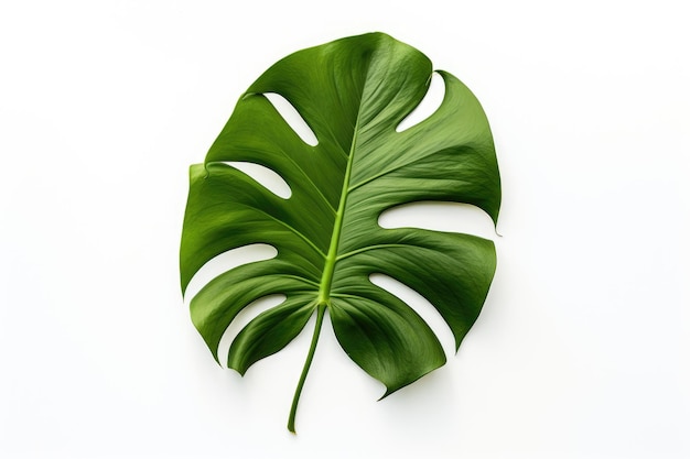 A folha Monstera é mostrada sozinha contra um fundo branco A imagem é um arranjo simples tirado