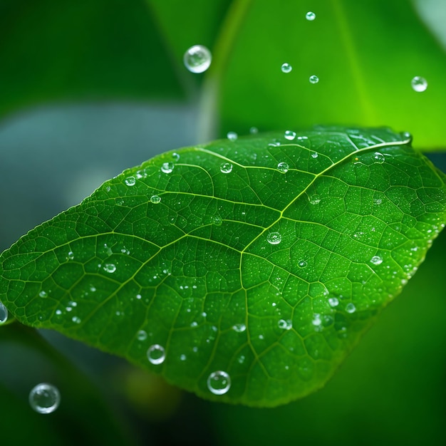 A folha verde com água deixa cair o fundo natural