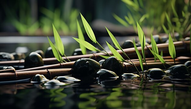 A folha verde de bambu reflete-se na água tranquila do lago gerada pela IA