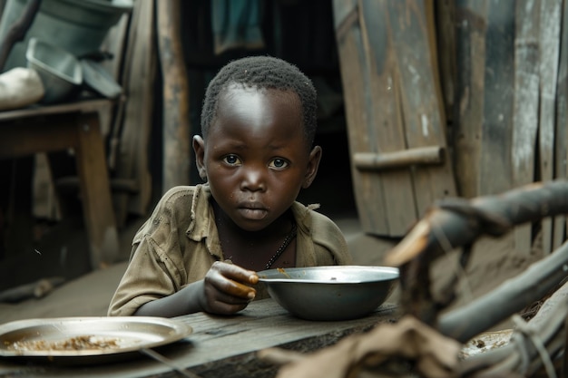 A fome, a pobreza, o grande problema social silencioso da humanidade, crianças e adultos de favelas sujas.