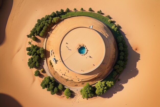 A fonte de água do lago oásis no deserto surpreende a água fresca na ilustração de fundo do papel de parede de areia