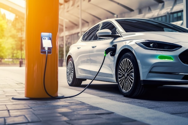 A fonte de alimentação conecta-se ao veículo elétrico carregando o carro em um estacionamento para carregar a bateria do EV Combustível de energia limpa do EV Encaixar no carro híbrido Criado com a Tecnologia Generate Ai