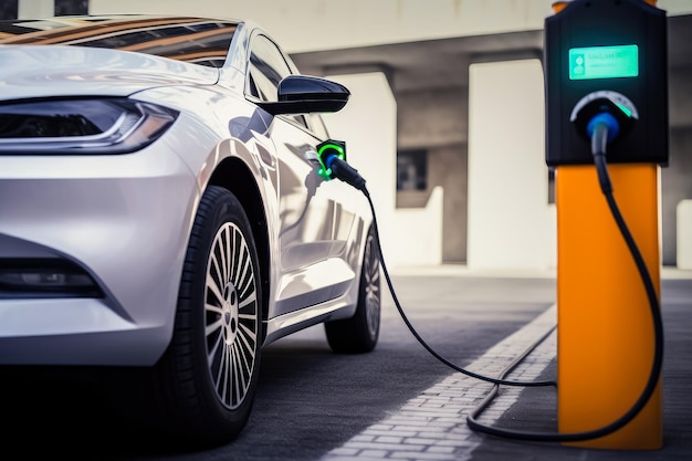 A fonte de alimentação conecta-se ao veículo elétrico carregando o carro em um estacionamento para carregar a bateria do EV Combustível de energia limpa do EV Encaixar no carro híbrido Criado com a Tecnologia Generate Ai