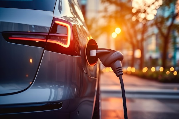 A fonte de energia conecta-se à estação de carregamento de veículos elétricos para carregar a bateria EV Combustível EV de energia limpa Encaixar no carro híbrido Criado com a tecnologia Generate Ai