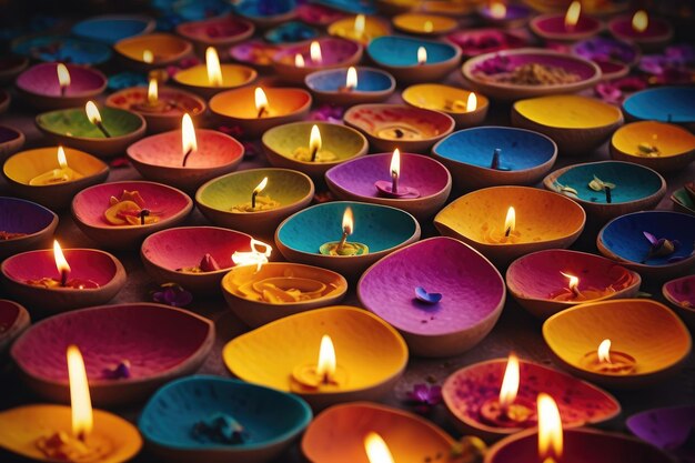 A forma de arte tradicional Diwali diyas ilumina a atmosfera festiva