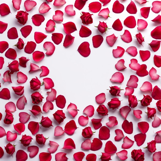 Foto a forma de um coração criado dentro de pétalas de rosa vermelho-rosa espalhadas
