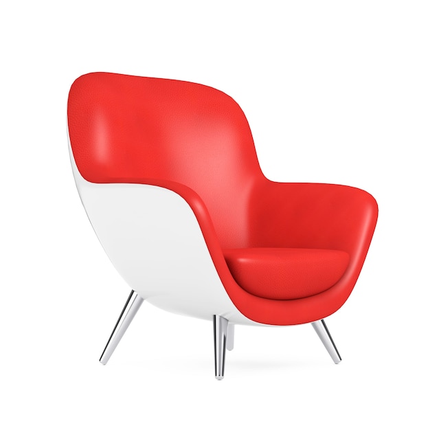 A forma oval de couro moderna vermelha relaxa a cadeira em um fundo branco. Renderização 3D