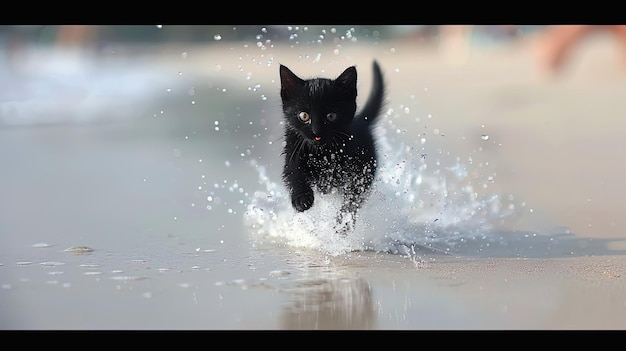 A foto captura a emoção de um gato correndo orgulhosamente carregando um peixe que pegou