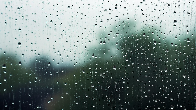 A foto da água da chuva deixa cair na paisagem da janela de vidro