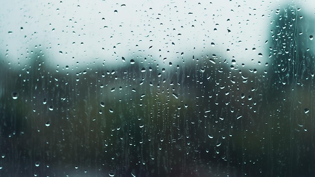A foto da água da chuva deixa cair na paisagem da janela de vidro