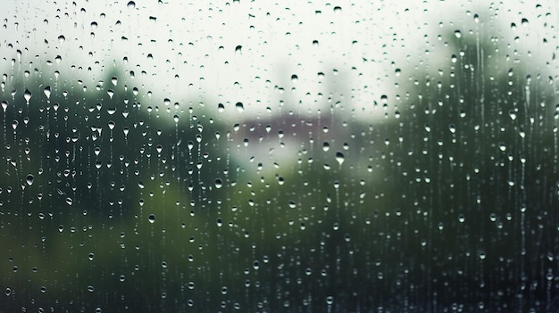 A foto da água da chuva deixa cair na paisagem da janela de vidro