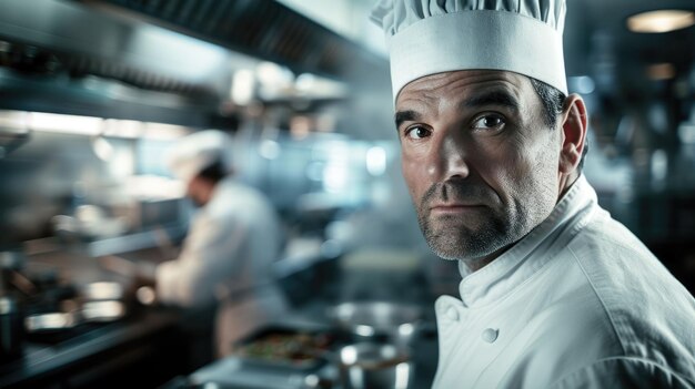 A foto de um chef profissional trabalhando dentro da cozinha de um restaurante