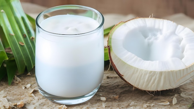 A foto de um copo de leite de coco está sobre uma mesa com um coco
