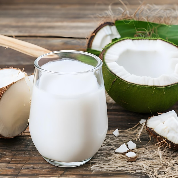 A foto de um copo de leite de coco está sobre uma mesa com um coco