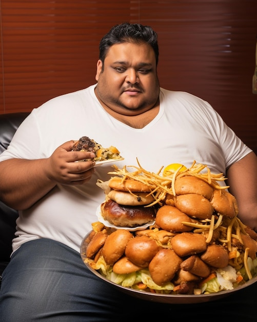 Foto a foto de um indiano corpulento sentado em seu sofá em casa comendo um prato de hambúrgueres e batatas fritas