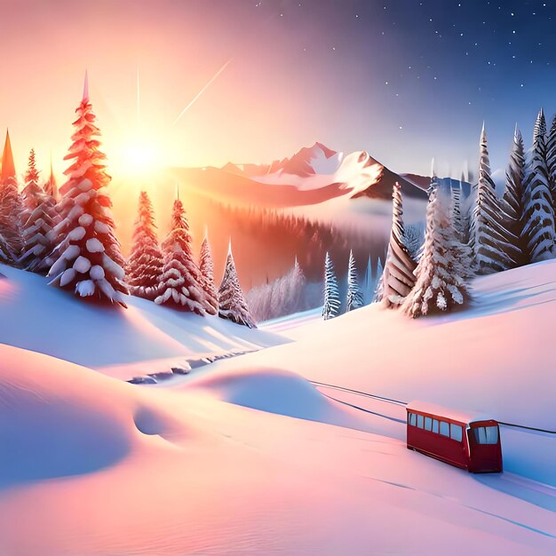 a foto de um pequeno trem vermelho na neve.