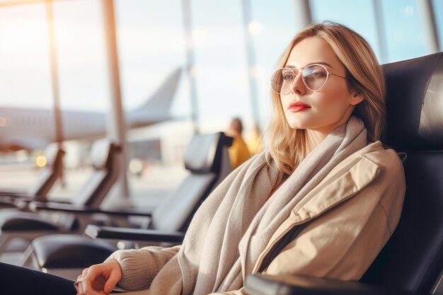 A foto de uma jovem esperando no aeroporto, com sua beleza e confiança brilhando enquanto ela se prepara para embarcar em seu avião