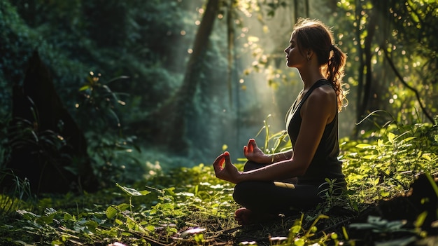 A foto de uma mulher jovem ou adulta fazendo postura de ioga na natureza aigx