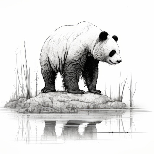 a foto mostra a arte de um panda criada por Peter Gade Dzialogaszki. esta peça monocromática é representada em estilo de perspectiva, apresentando paisagens isoladas e reflexos reflexos. o personagem